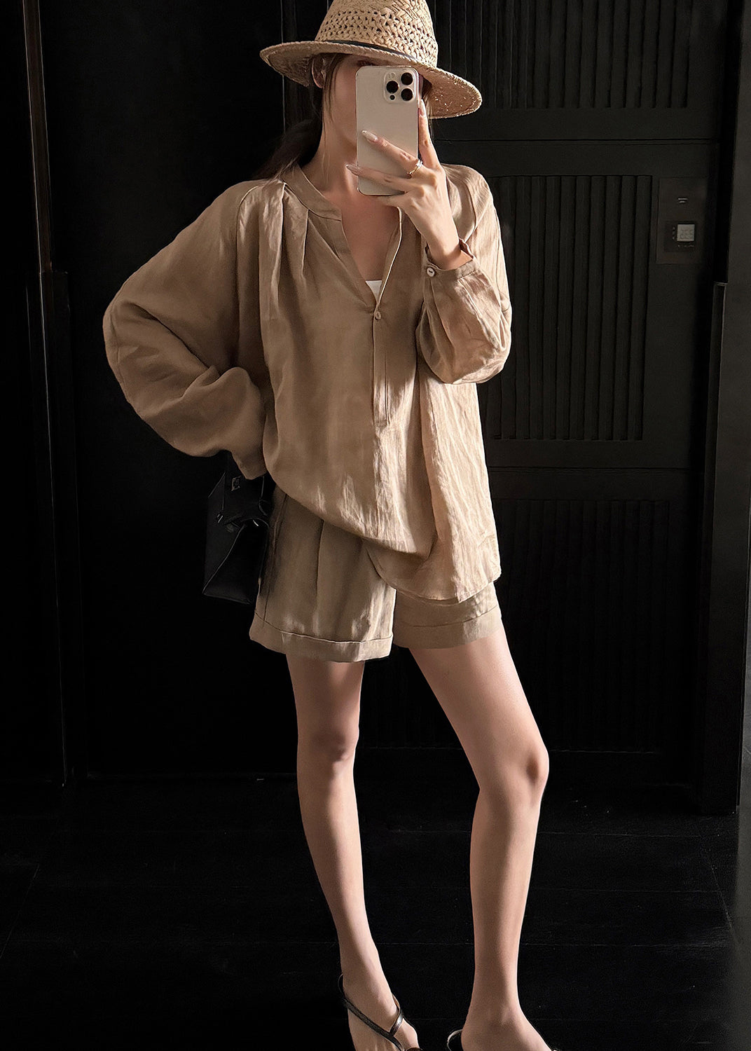 Loose White Long Sleeve Top And Shorts Linen Two Pieces Set