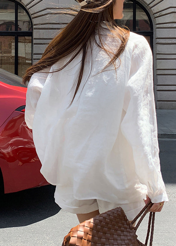 Loose White Long Sleeve Top And Shorts Linen Two Pieces Set