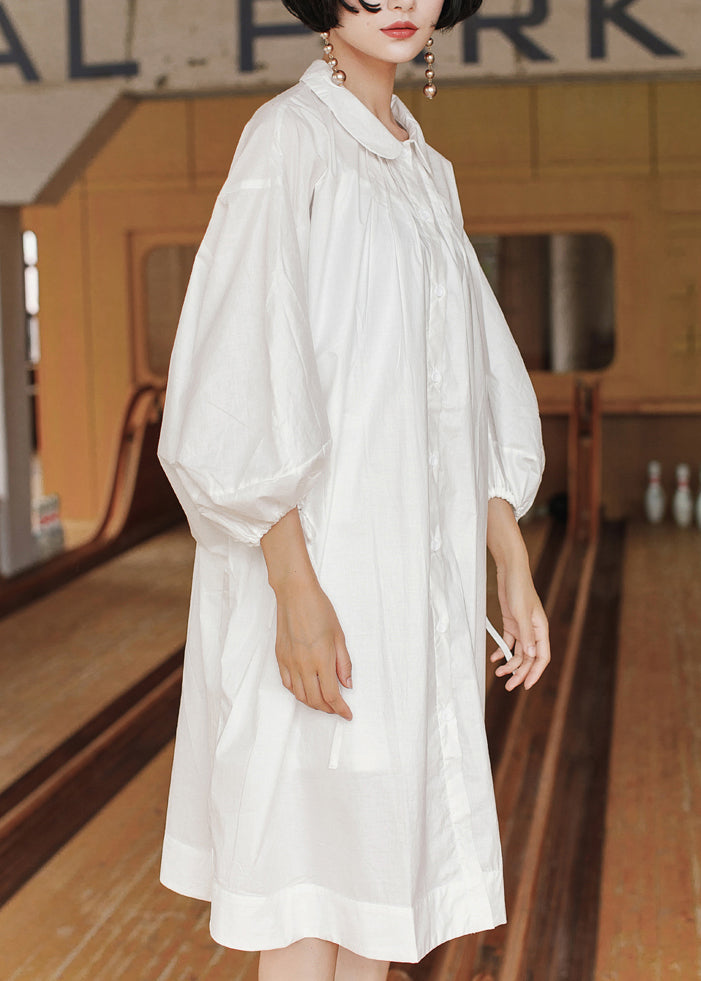 Loose White Peter Pan Collar Wrinkled Cotton Dresses Lantern Sleeve
