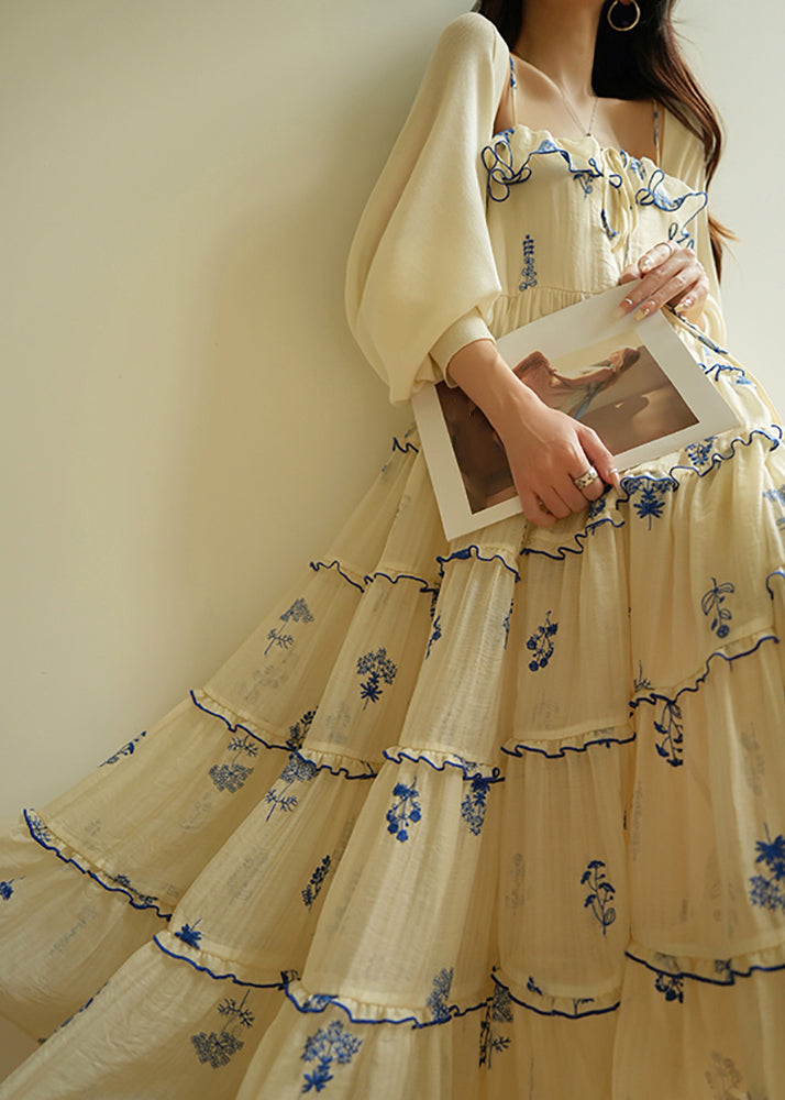 Modern Beige Ruffled Print Silk Long Dresses Sleeveless
