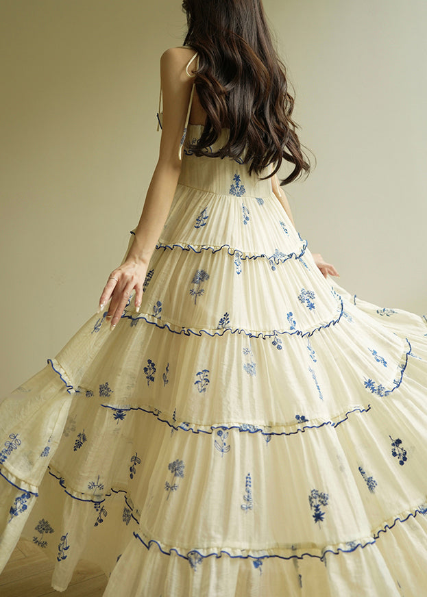 Modern Beige Ruffled Print Silk Long Dresses Sleeveless