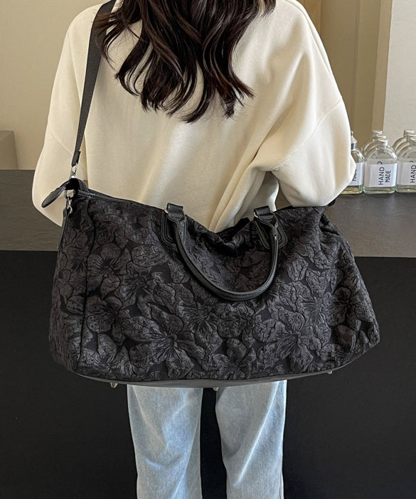 Modern Black Jacquard Large Capacity Faux Leather Weekender Handbag