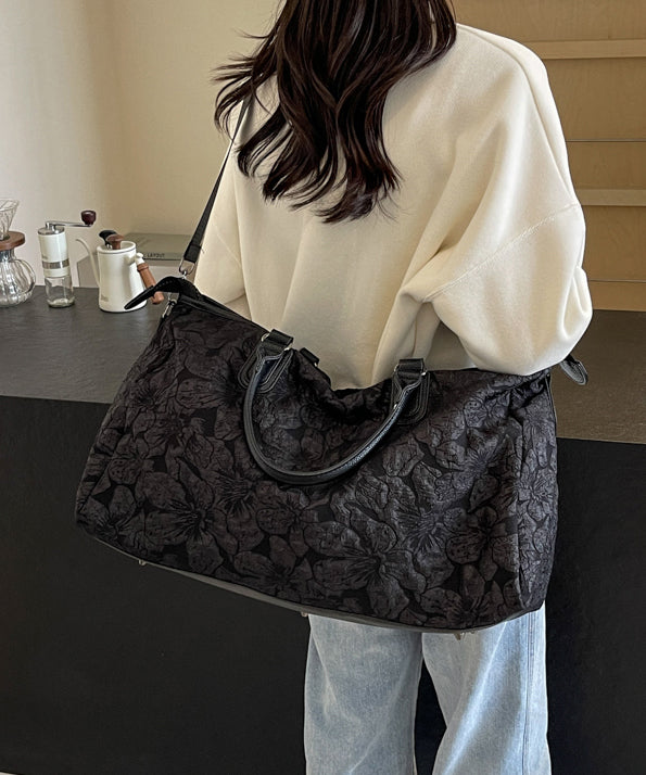 Modern Black Jacquard Large Capacity Faux Leather Weekender Handbag