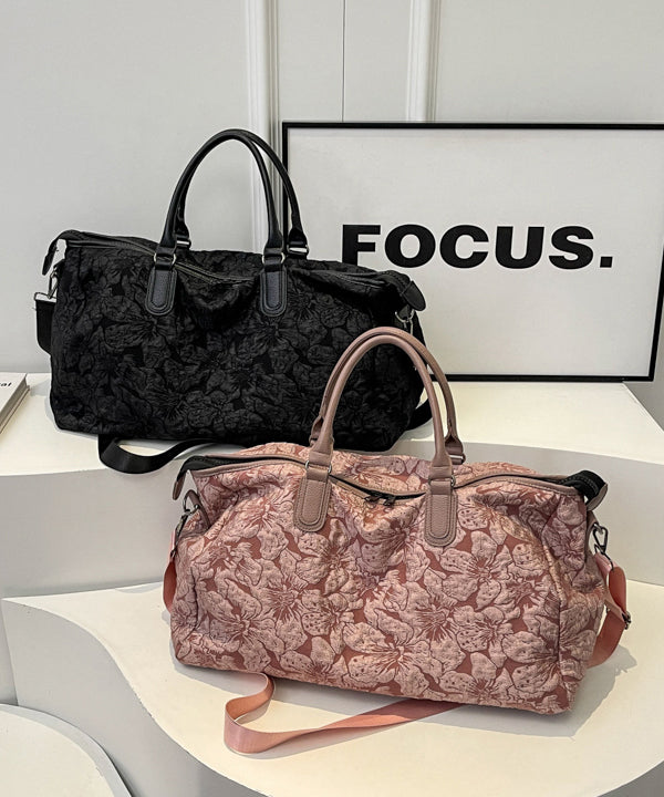 Modern Black Jacquard Large Capacity Faux Leather Weekender Handbag