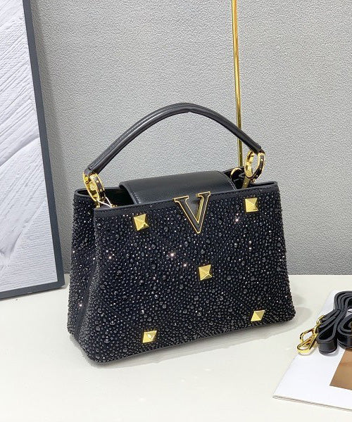 Modern Black Rhinestone V Decorated Faux Leather Micro Bag