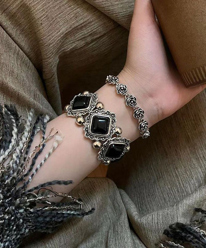 Modern Black Sterling Silver Gem Stone Floral Two-Piece Set Chain Bracelet