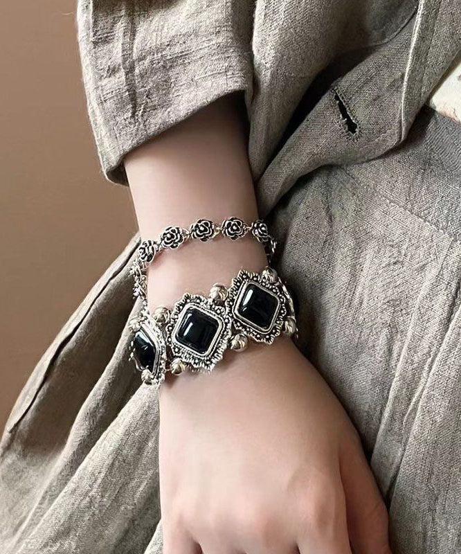 Modern Black Sterling Silver Gem Stone Floral Two-Piece Set Chain Bracelet