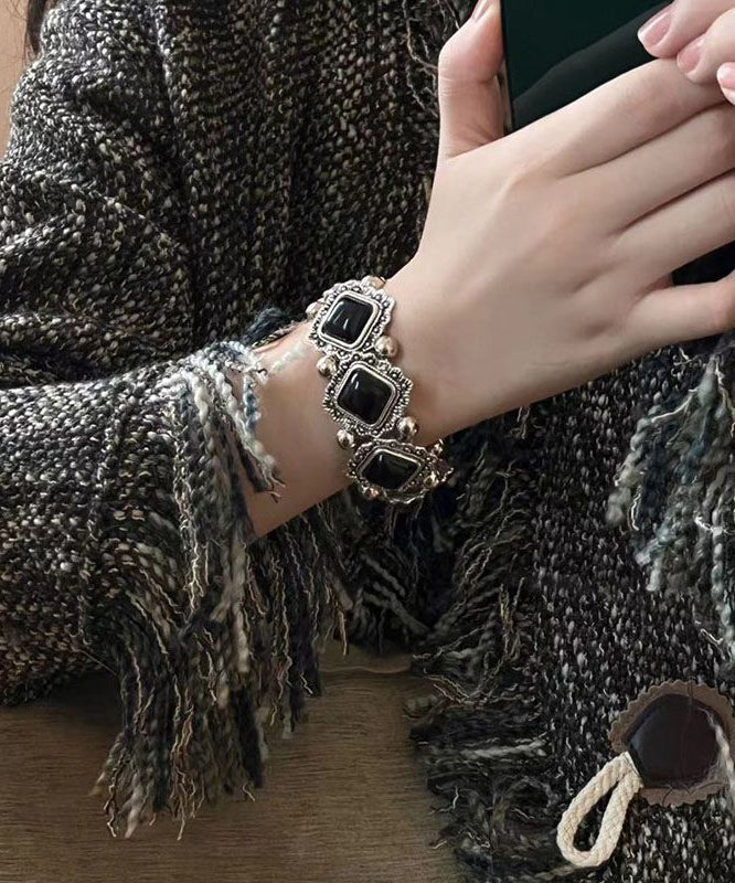 Modern Black Sterling Silver Gem Stone Floral Two-Piece Set Chain Bracelet