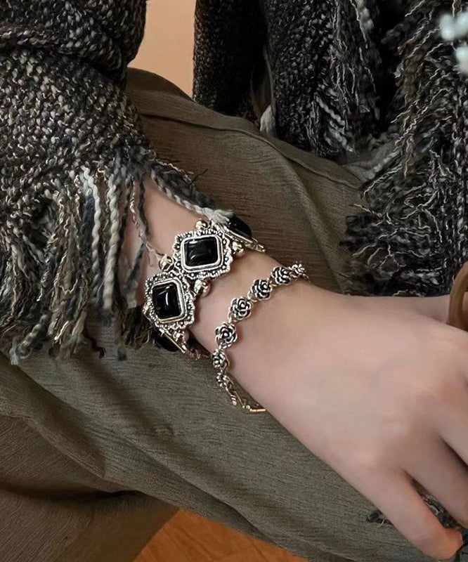 Modern Black Sterling Silver Gem Stone Floral Two-Piece Set Chain Bracelet