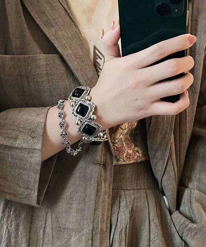 Modern Black Sterling Silver Gem Stone Floral Two-Piece Set Chain Bracelet