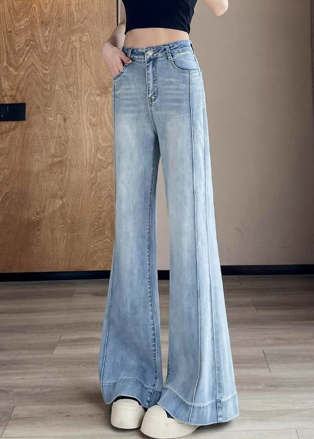 Modern Blue Pockets High Waist Denim Flared Trousers Fall