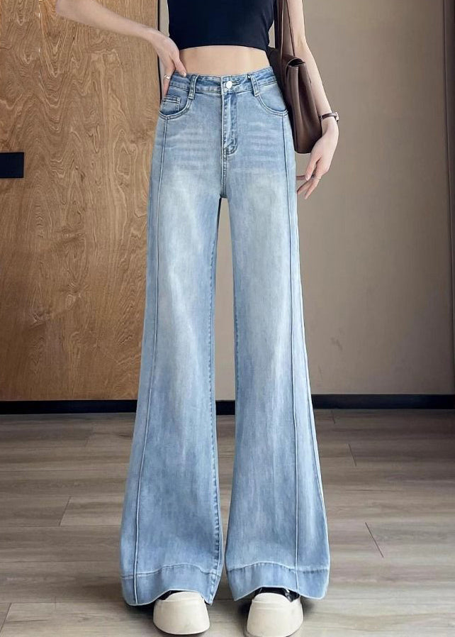 Modern Blue Pockets High Waist Denim Flared Trousers Fall