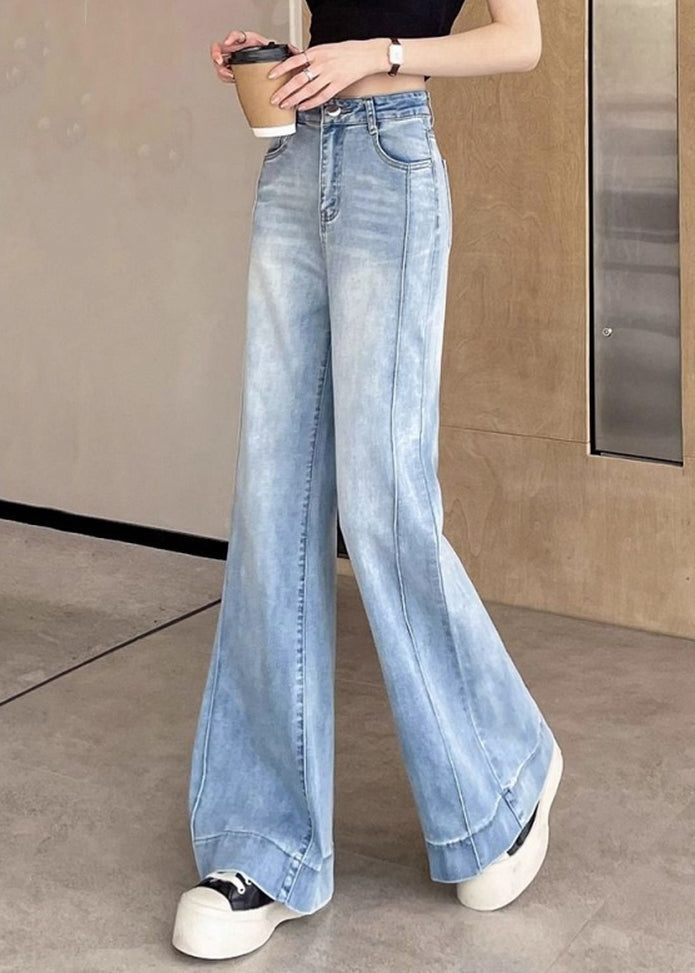 Modern Blue Pockets High Waist Denim Flared Trousers Fall