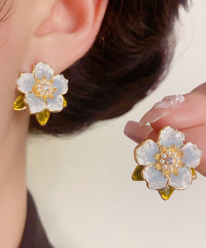 Modern Blue Sterling Silver Overgild Zircon Pearl Camellia Stud Earrings