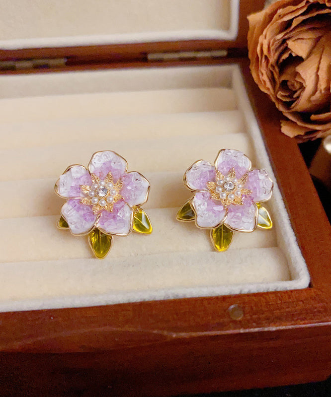 Modern Blue Sterling Silver Overgild Zircon Pearl Camellia Stud Earrings