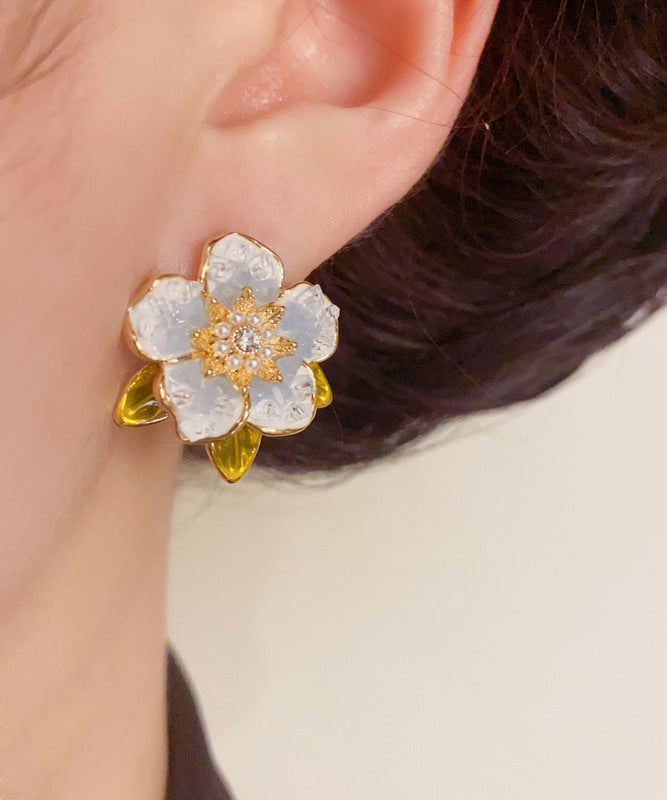 Modern Blue Sterling Silver Overgild Zircon Pearl Camellia Stud Earrings