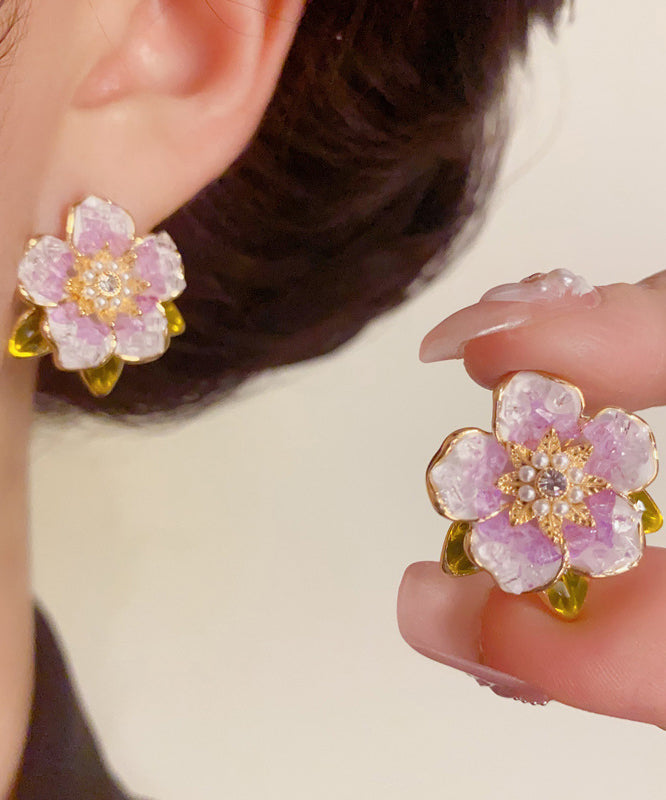 Modern Blue Sterling Silver Overgild Zircon Pearl Camellia Stud Earrings