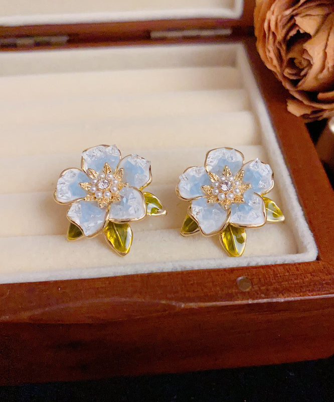 Modern Blue Sterling Silver Overgild Zircon Pearl Camellia Stud Earrings