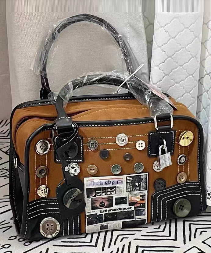 Modern Brown Button Decorated Patchwork Faux Leather Tote Handbag