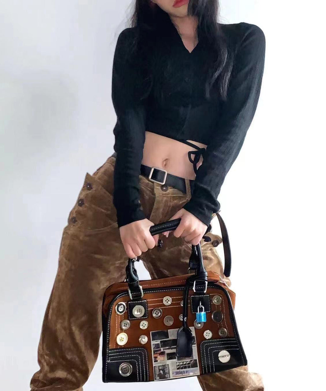 Modern Brown Button Decorated Patchwork Faux Leather Tote Handbag