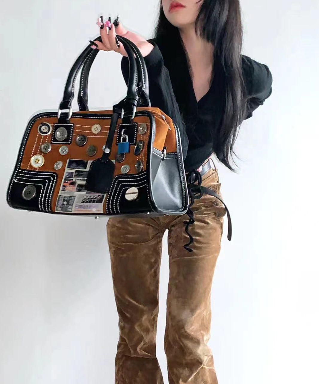 Modern Brown Button Decorated Patchwork Faux Leather Tote Handbag