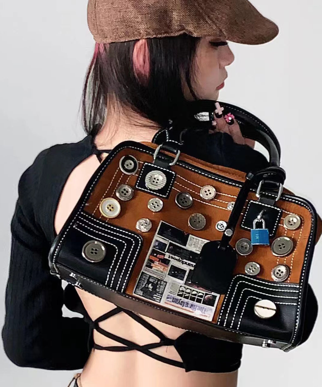 Modern Brown Button Decorated Patchwork Faux Leather Tote Handbag