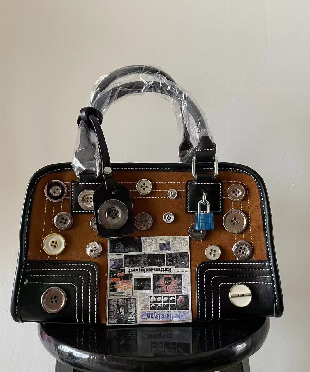 Modern Brown Button Decorated Patchwork Faux Leather Tote Handbag