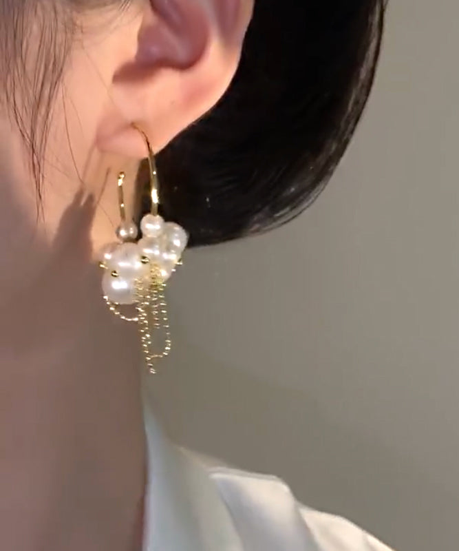 Modern Gold Copper Overgild Pearl Tassel Hoop Earrings