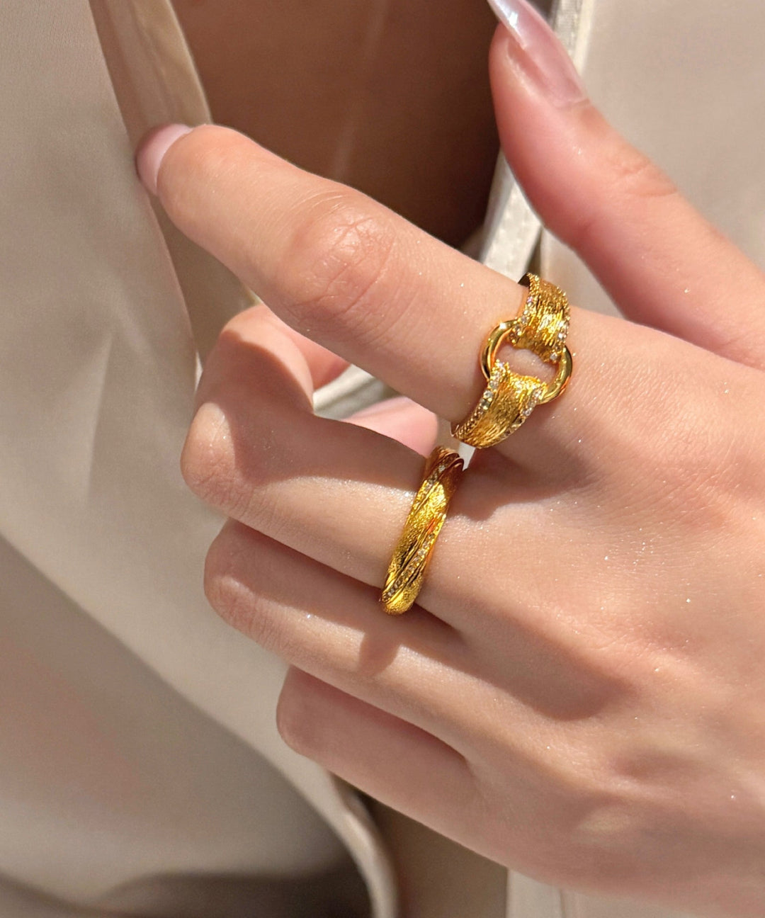 Modern Gold Sterling Silver Overgild Zircon Open Rings Two-Piece Set