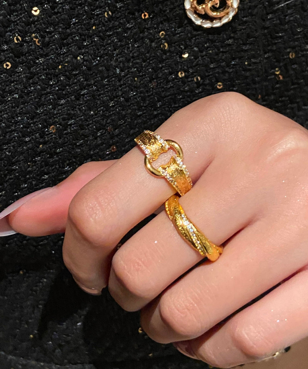 Modern Gold Sterling Silver Overgild Zircon Open Rings Two-Piece Set