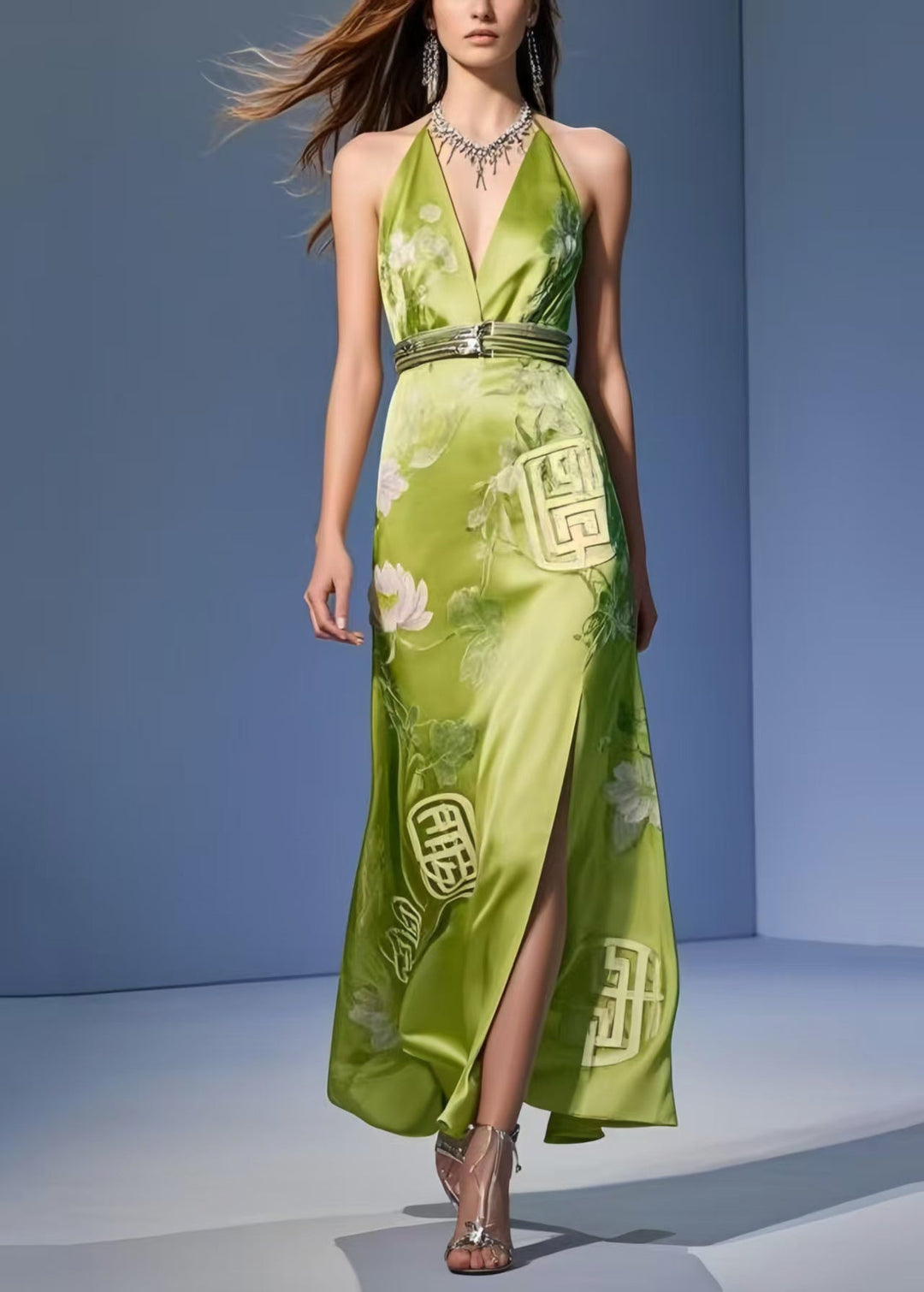 Modern Grass Green Side Open Silm Fit Silk Halter Dresses Summer
