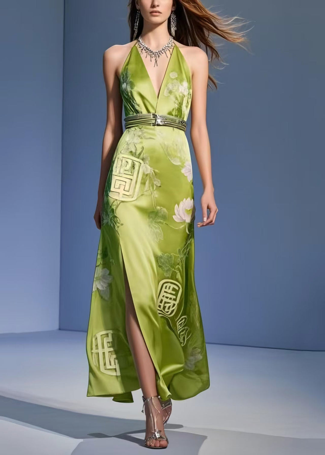 Modern Grass Green Side Open Silm Fit Silk Halter Dresses Summer