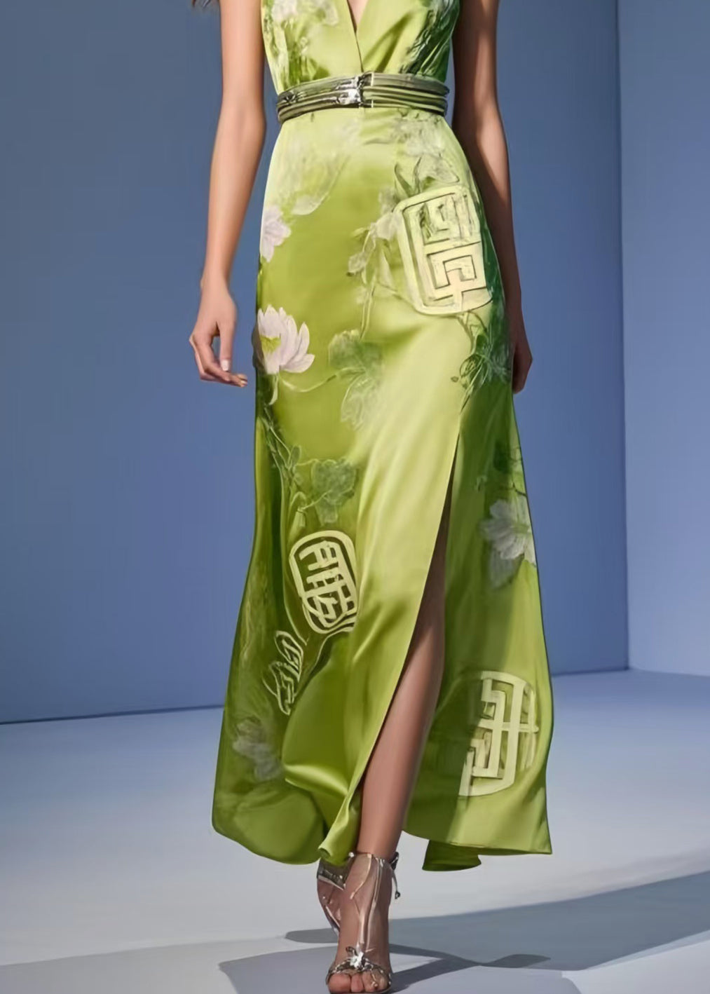 Modern Grass Green Side Open Silm Fit Silk Halter Dresses Summer