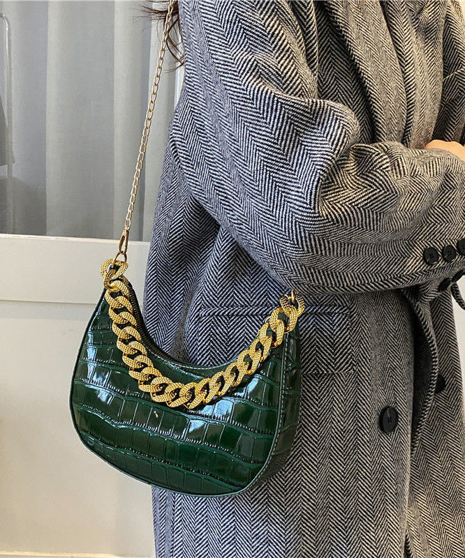 Modern Green Chain Linked Faux Leather Shoulder Bags