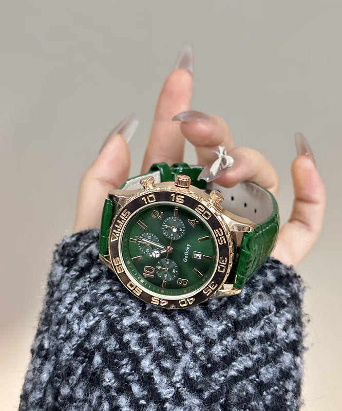 Modern Green Leather Alloy Sapphire Crystal Quartz Movement Watches
