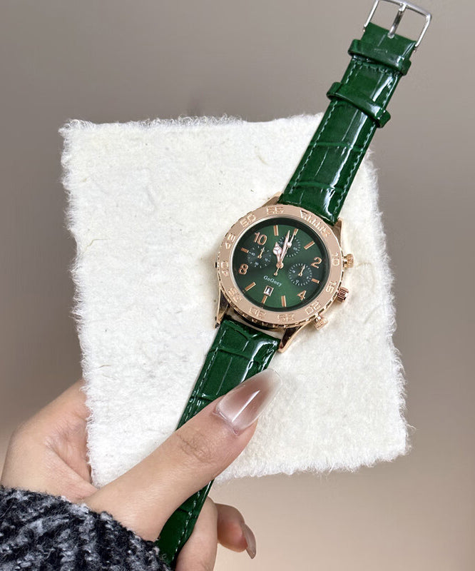 Modern Green Leather Alloy Sapphire Crystal Quartz Movement Watches