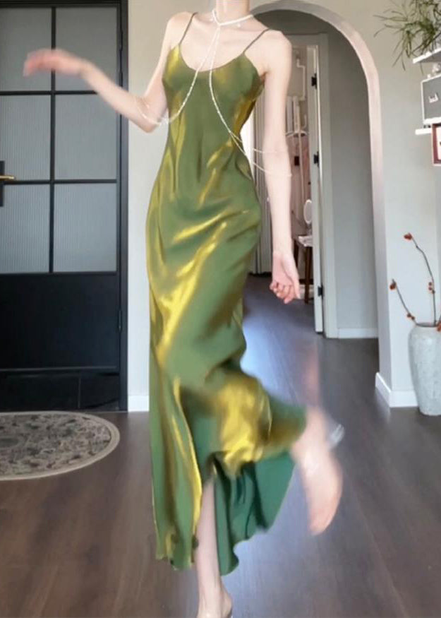 Modern Green Slash Neck Draping Silk Maxi Spaghetti Strap Sleeveless