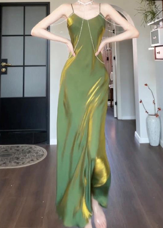 Modern Green Slash Neck Draping Silk Maxi Spaghetti Strap Sleeveless