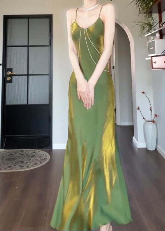 Modern Green Slash Neck Draping Silk Maxi Spaghetti Strap Sleeveless