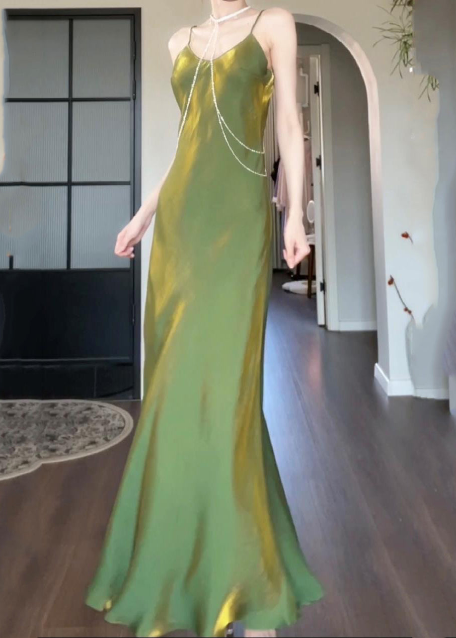 Modern Green Slash Neck Draping Silk Maxi Spaghetti Strap Sleeveless