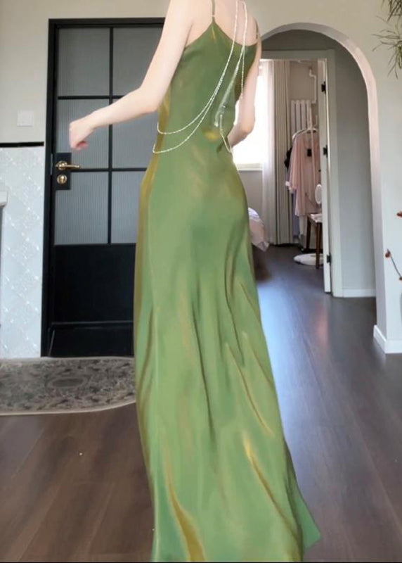 Modern Green Slash Neck Draping Silk Maxi Spaghetti Strap Sleeveless