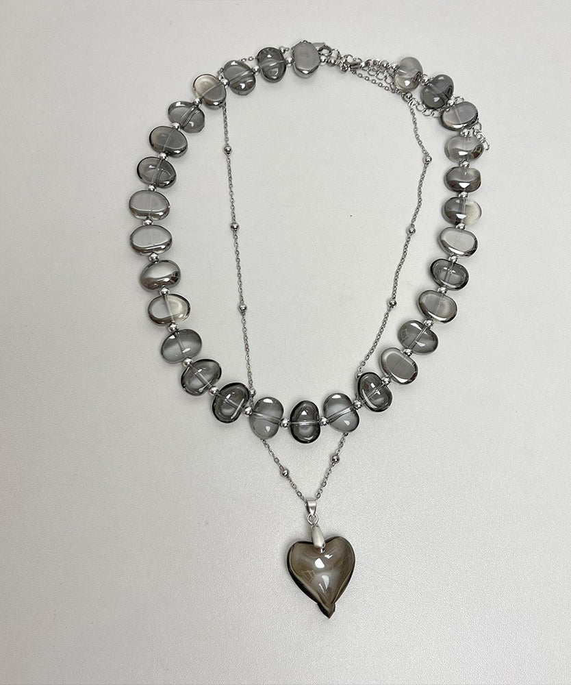 Modern Grey Metal Alloy Acrylic Asymmetrical Crystal Double Layer Love Pendant Necklace