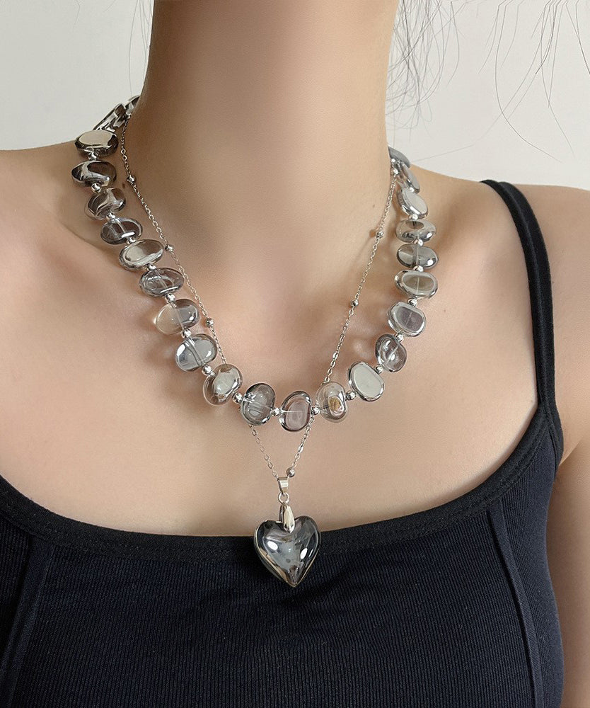 Modern Grey Metal Alloy Acrylic Asymmetrical Crystal Double Layer Love Pendant Necklace