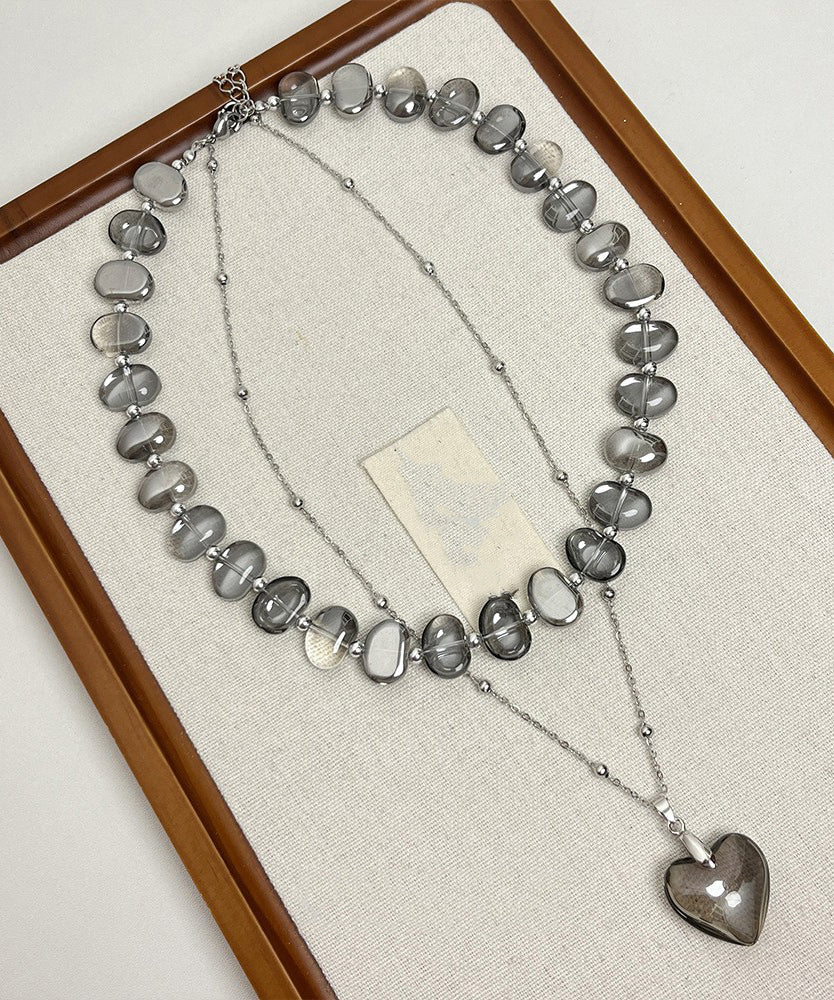 Modern Grey Metal Alloy Acrylic Asymmetrical Crystal Double Layer Love Pendant Necklace