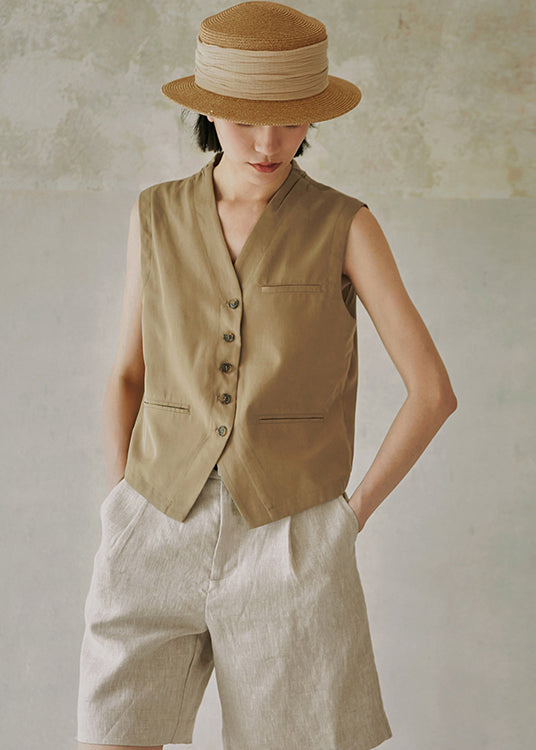 Modern Khaki V Neck Button Cotton Vest Sleeveless