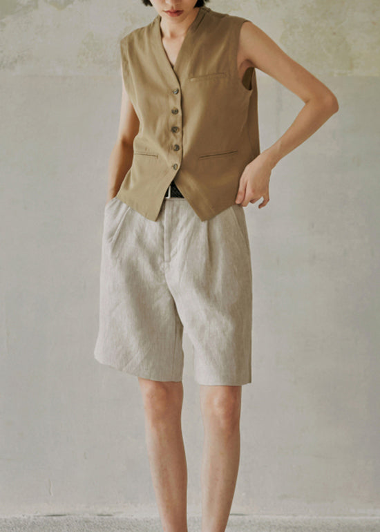 Modern Khaki V Neck Button Cotton Vest Sleeveless
