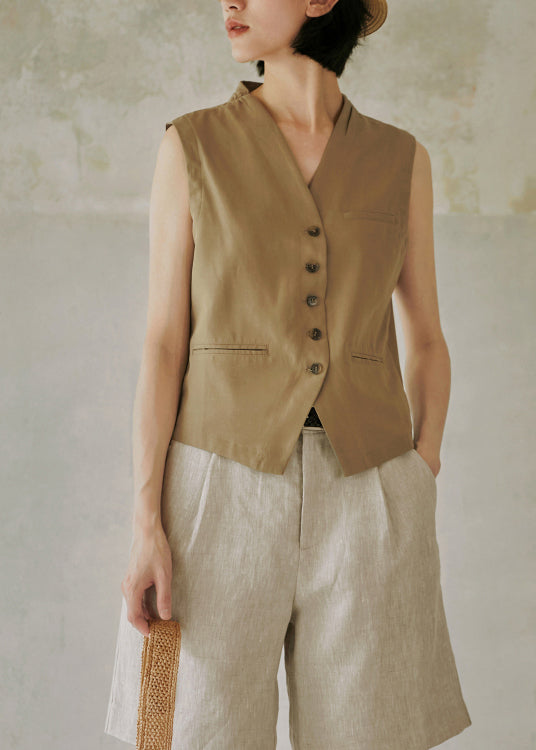 Modern Khaki V Neck Button Cotton Vest Sleeveless