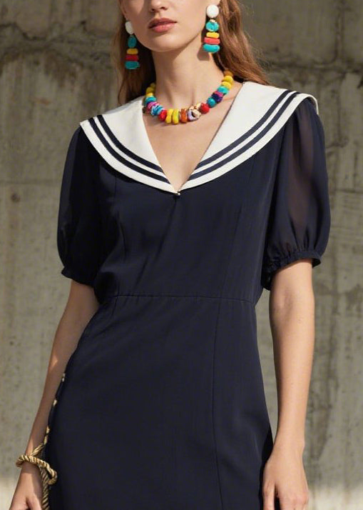 Modern Navy Sailor Collar Chiffon Long Dresses Summer