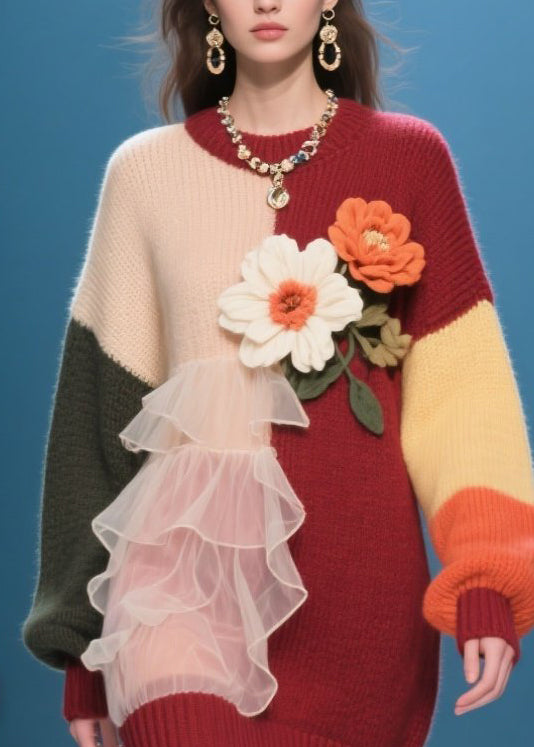 Modern O-Neck Ruffled Floral Knit Long Knit Dress Winter