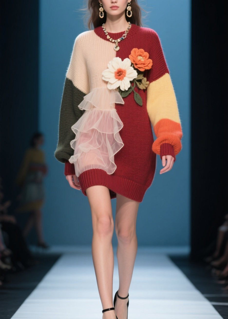 Modern O-Neck Ruffled Floral Knit Long Knit Dress Winter